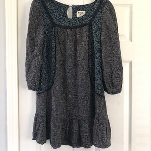 Anthropologie‎ Holding Horses Blue Black Floral Geo Print Shift Ruffle Dress 10